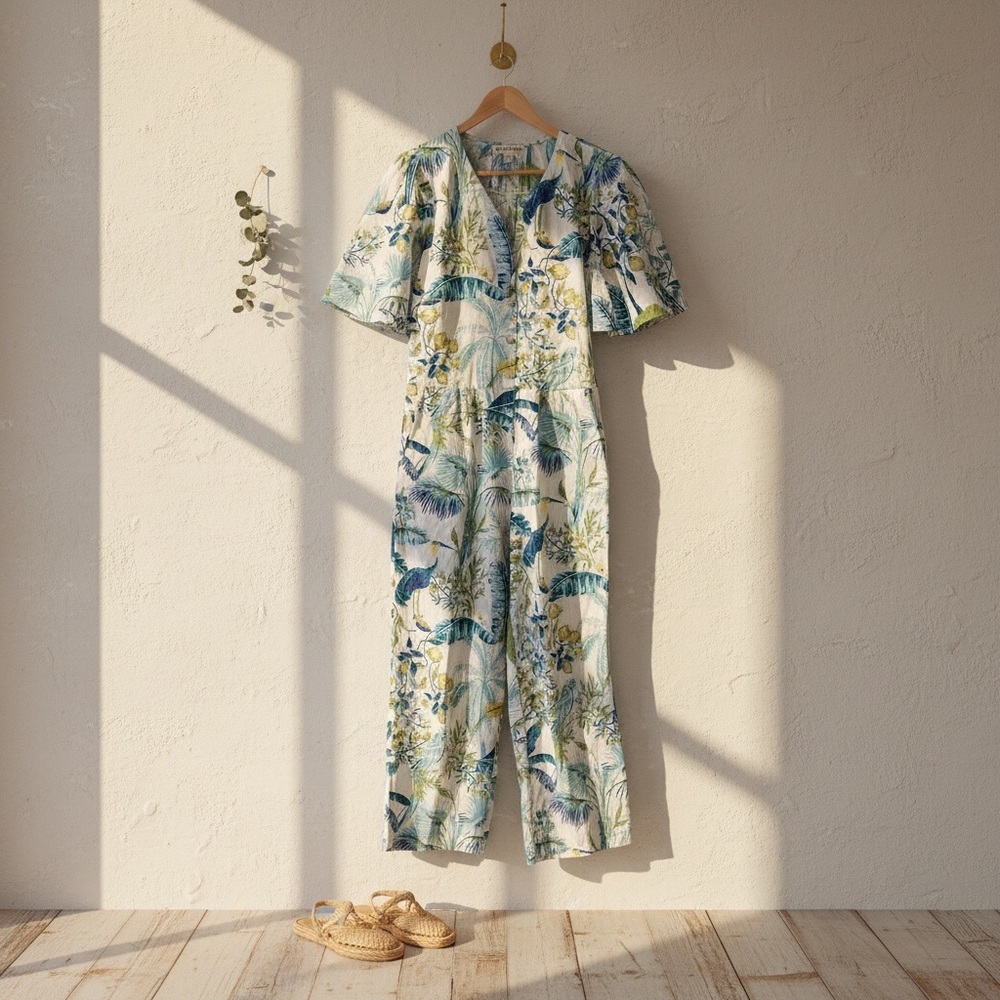 Banjanan Cotton Jumpsuit Tropical Botanical Print Green Blue Lemon Size S